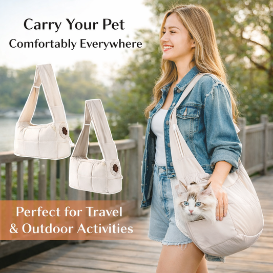 Woman carrying a pet carrier with a cat, surrounded by similar carriers with text about carrying pets comfortably.