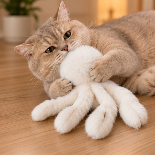 A beige cat lies on a wooden floor, playfully biting and pawing at a white plush octopus toy in a warm indoor setting.