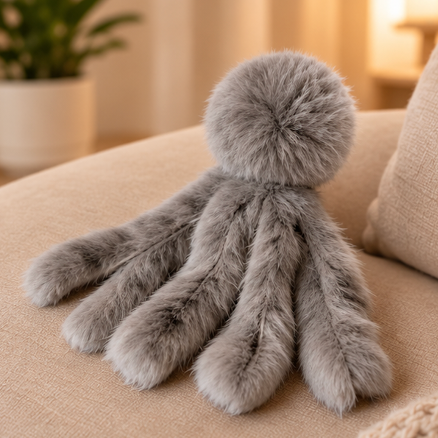 A gray faux fur octopus plush toy with a round head and four long tentacle-like limbs, resting on a beige fabric surface in a softly lit indoor setting.