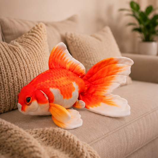 Large goldfish kicker plush for cats on a couch with a cozy living room background