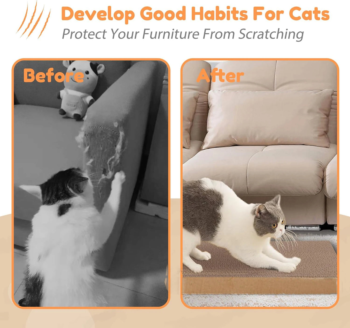 Before and after images of a cat using a scratching pad on a couch.