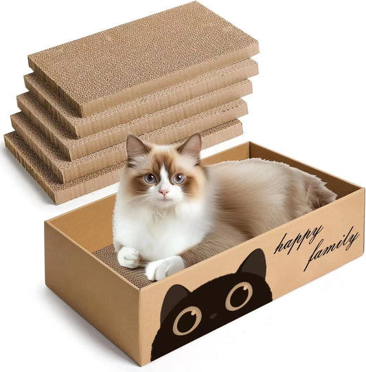 Cat lying on a cardboard box with 'happy family' text and cat design, surrounded by stacked corrugated cat scratchers.