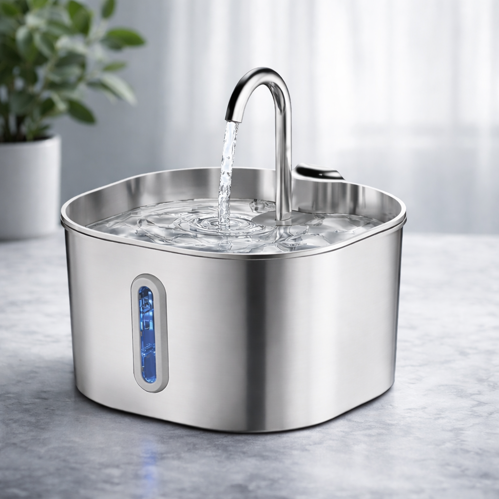 Stainless steel pet water fountain on a gray surface with a blurred background