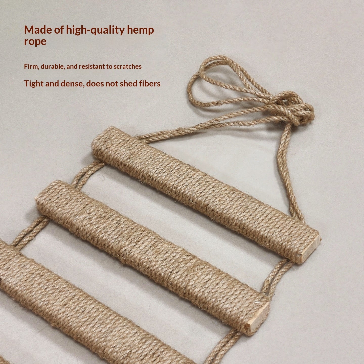 Hemp rope ladder on a light background with text about its qualities.