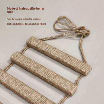 Hemp rope ladder on a light background with text about its qualities.