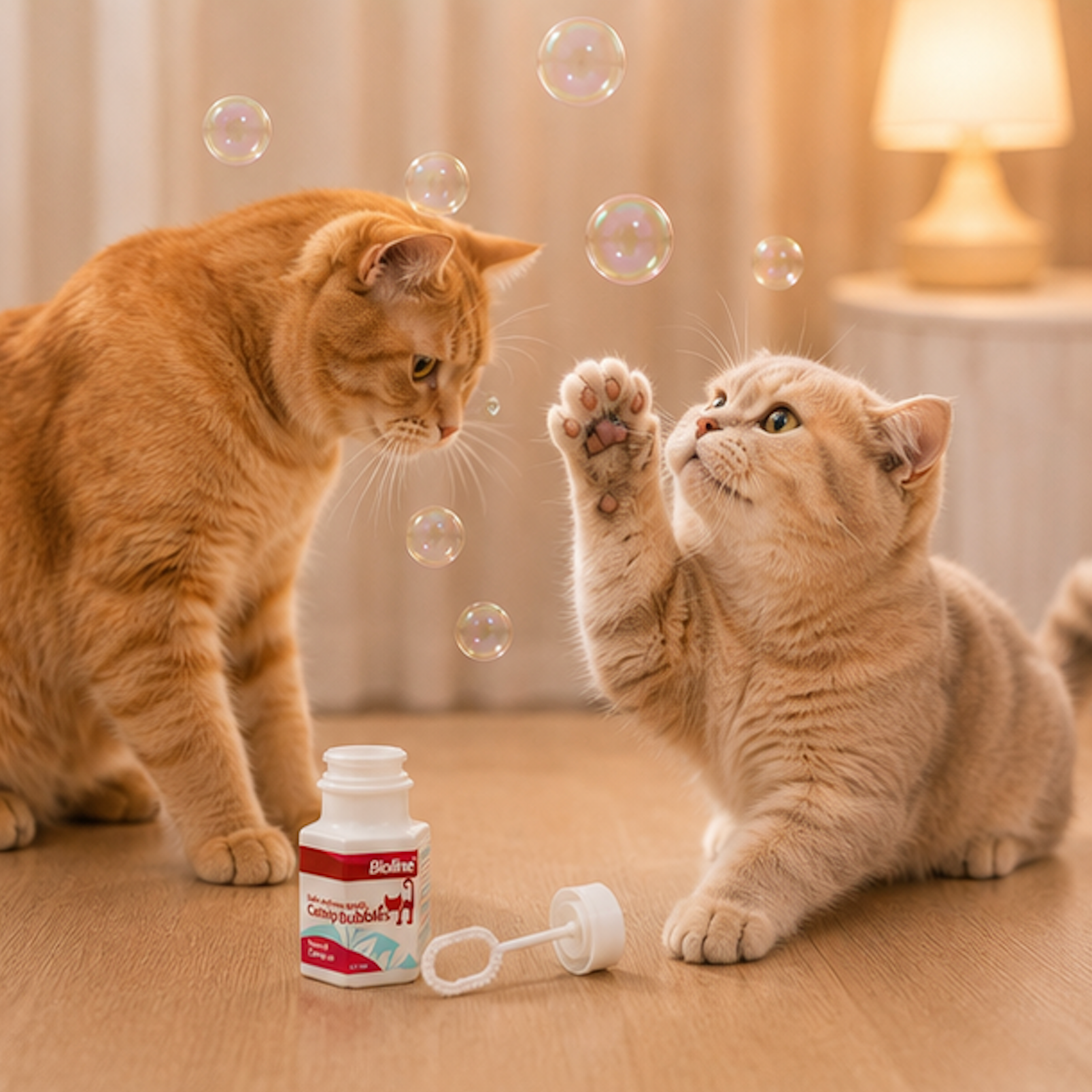 2 cats playing with catnip bubble