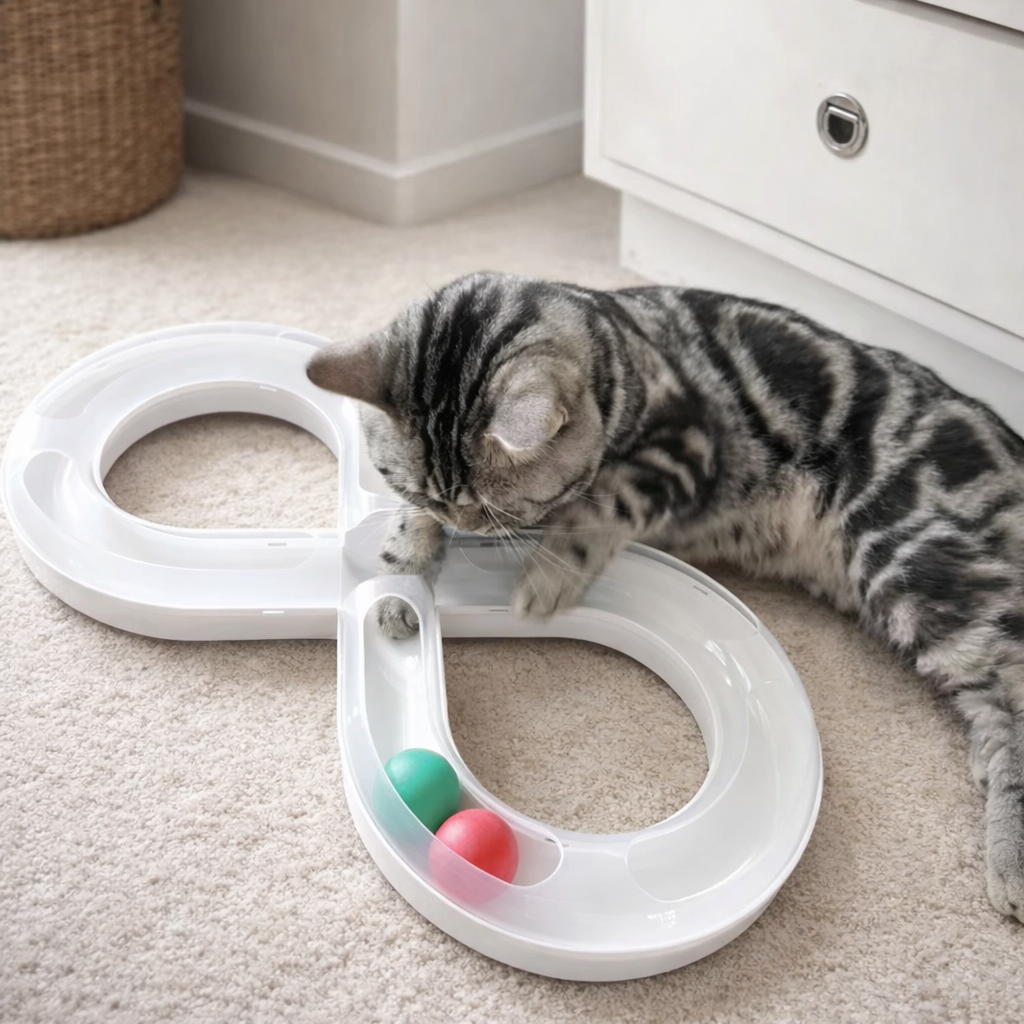 Cat playing with a white track toy on the floor