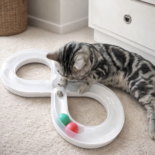 Cat playing with a white track toy on the floor