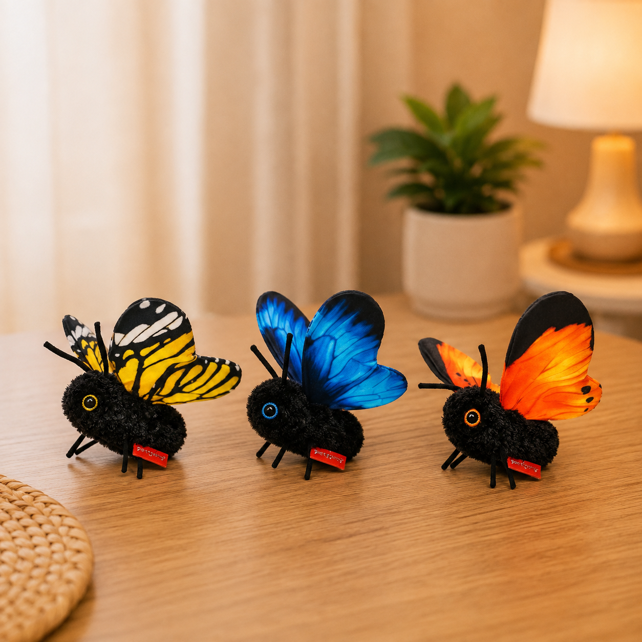 Three black fuzzy toy butterflies with colorful wings are lined up on a wooden table in a softly lit room. The wings show yellow-and-black, blue, and orange patterns, with a small red tag attached near the bottom of each.