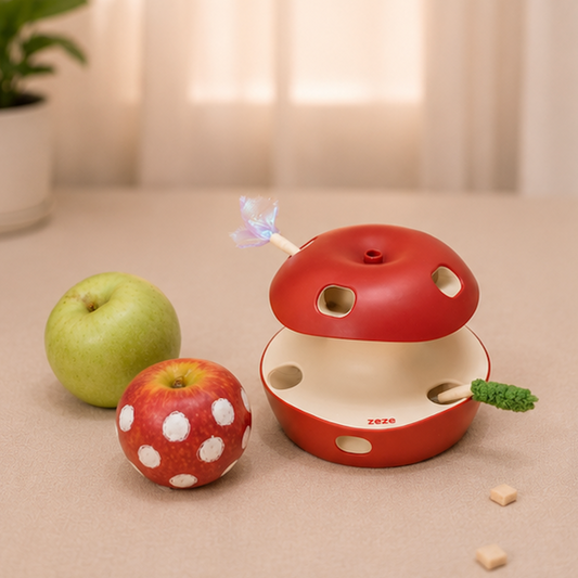 A red and apple-shaped rotating toy sits on a beige tabletop with two apples nearby, including one red apple with white polka dots. The toy has circular holes and small green and blue grass-like accessories attached.