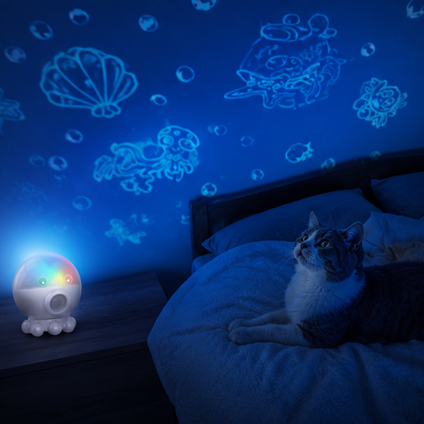 A small octopus-shaped night light sits on a bedside table, casting glowing blue sea-themed wall projections including shells, bubbles, octopus, jellyfish, and flowers. A cat is lying on a bed in the room, looking up toward the light.