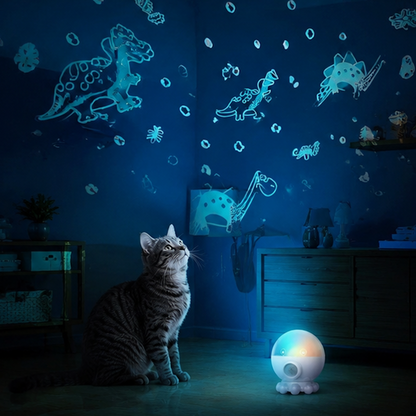 A cat sits in a blue-lit child's room looking at a glowing dinosaur-shaped night light on the floor. The room has matching glowing dinosaur wall decals, and a dresser is visible in the background.