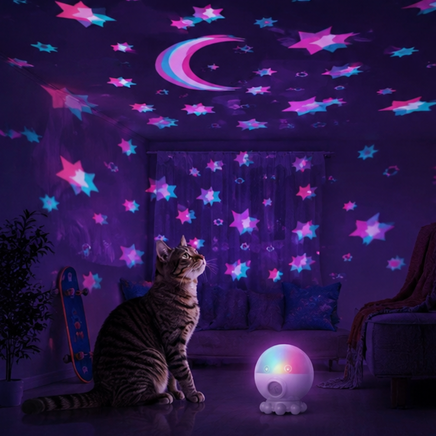 A cat sits on a floor in a dimly lit room under a ceiling covered with colorful star and moon projections, with a small glowing orb lamp on the floor nearby.