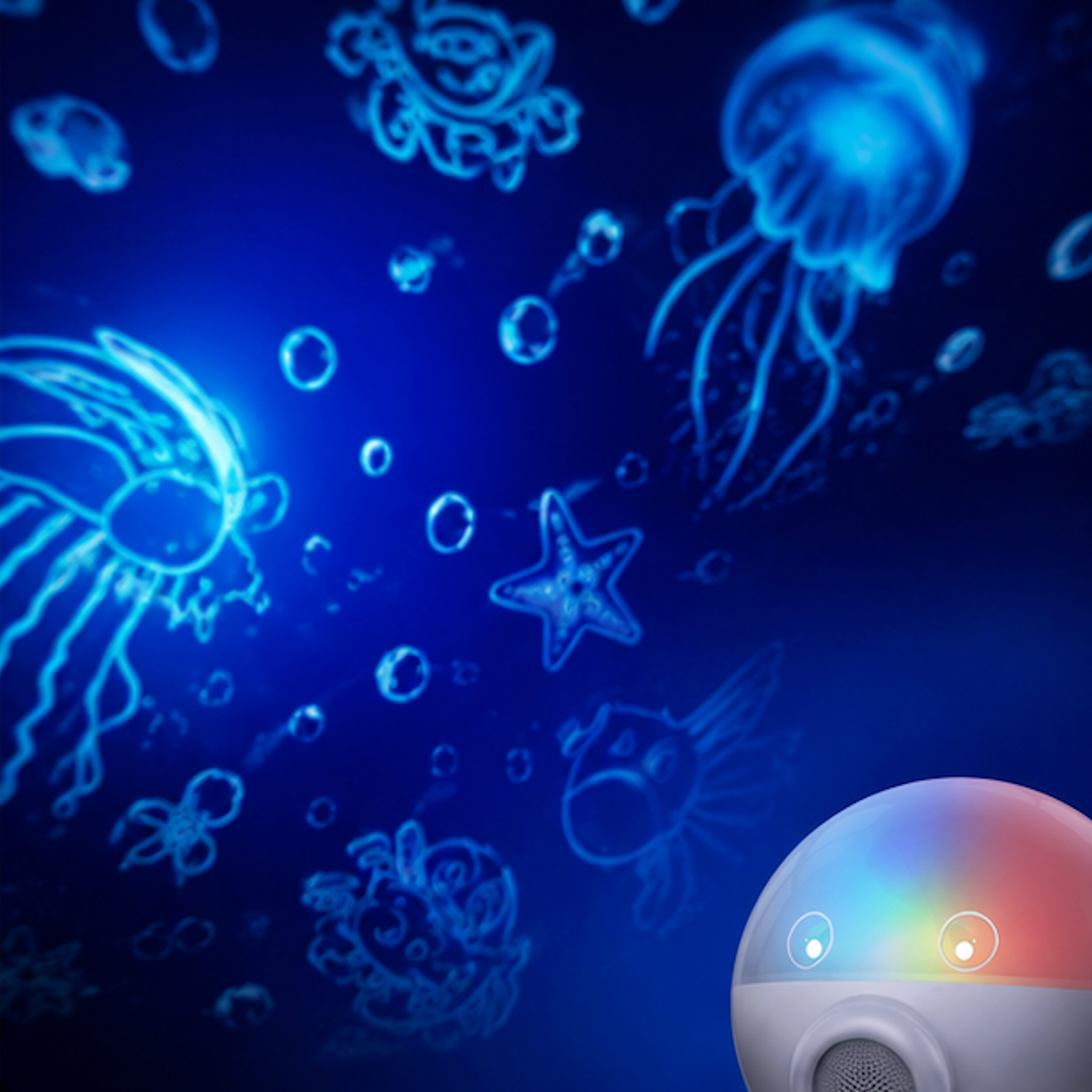 A small round smart speaker or decorative light with a white body and a glowing multicolor top, shown in the lower right corner against an underwater scene with blue jellyfish and bubbles.