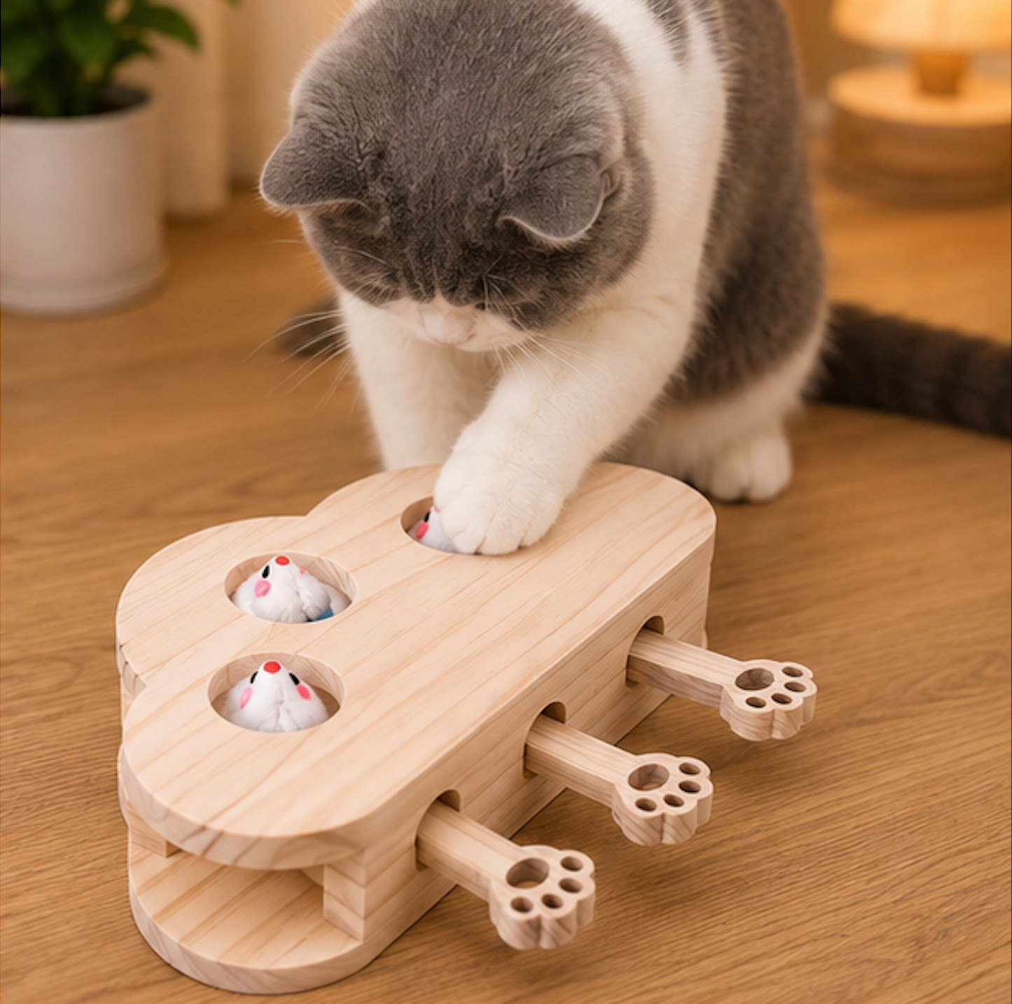 A gray and white cat plays with a wooden cat toy on a wooden floor. The toy is heart-shaped in light natural wood with three circular openings showing small white toy mice with pink noses, and three paw-shaped wooden pullers extending from the bottom.