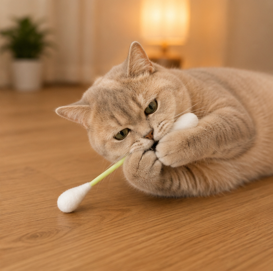 A beige cat lies on a wooden floor, playfully biting and pawing at a cotton swab toy in a warm, softly lit room.