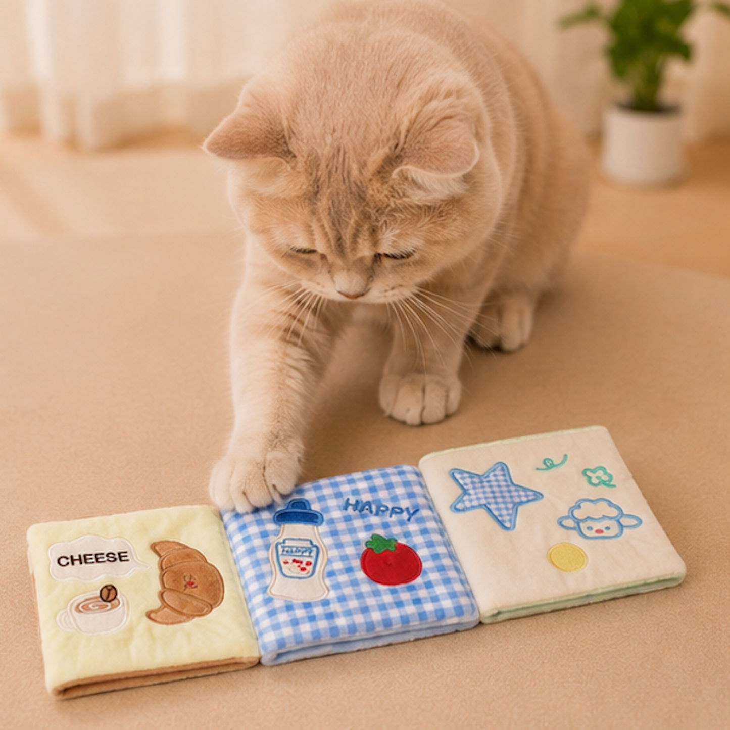 A light cream-colored cat gently placing its paw on an open fabric snuffle wallet toy with three patterned sections featuring embroidered croissant, milk bottle, and lamb designs on a beige floor.