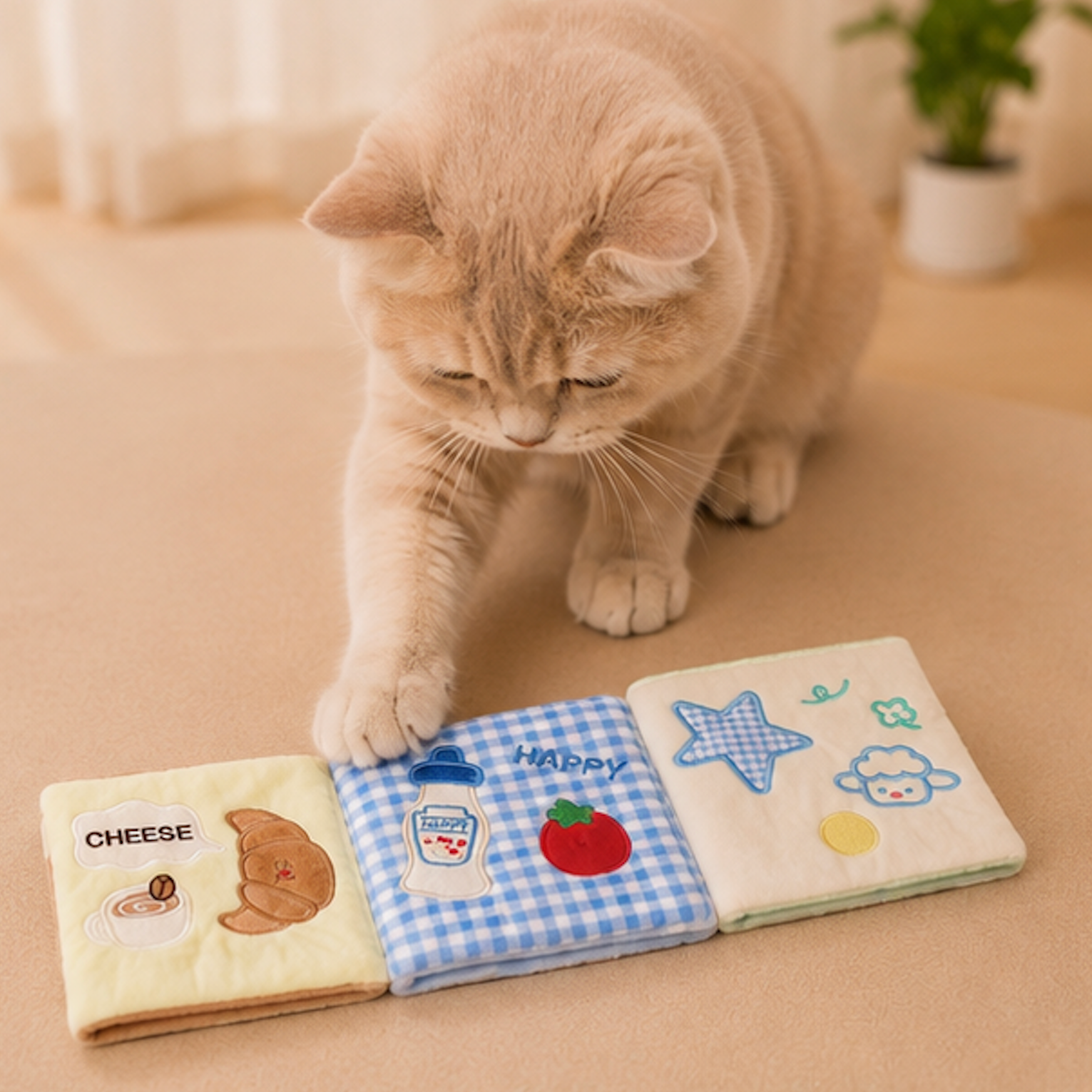 A light cream-colored cat gently placing its paw on an open fabric snuffle wallet toy with three patterned sections featuring embroidered croissant, milk bottle, and lamb designs on a beige floor.