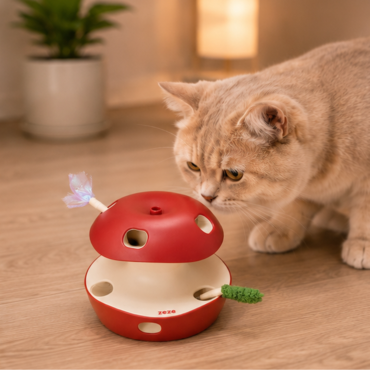 A beige cat curiously investigates a red and apple-shaped cat toy on a light wood floor, with a blurred indoor background.