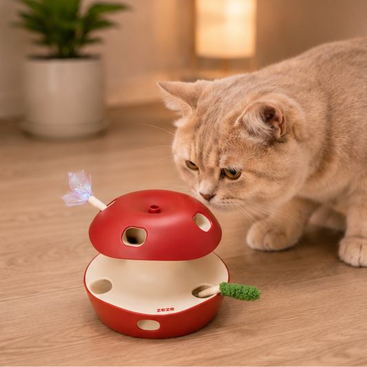 A beige cat curiously investigates a red and apple-shaped cat toy on a light wood floor, with a blurred indoor background.