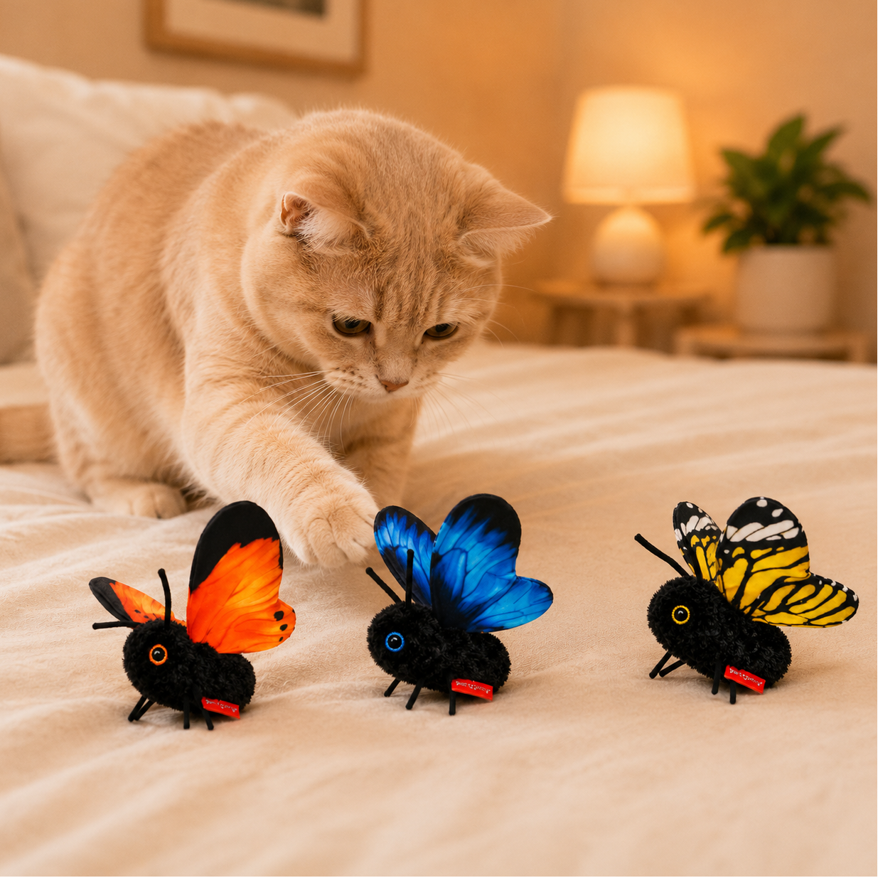 A ginger cat reaches toward three small toy butterflies on a bed. The toys have black bodies and colorful wings in orange, blue, and yellow-black patterns.