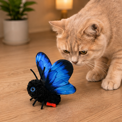 A beige cat on a wooden floor looks closely at a black plush toy butterfly with bright blue wings and a small red tag.