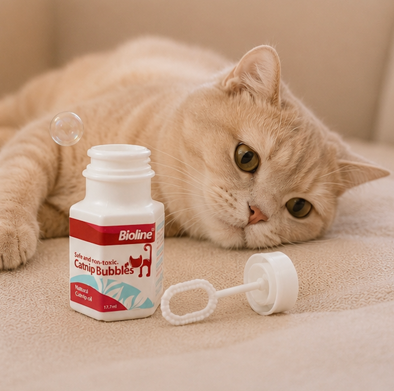 Cat lying next to a bottle of catnip bubble