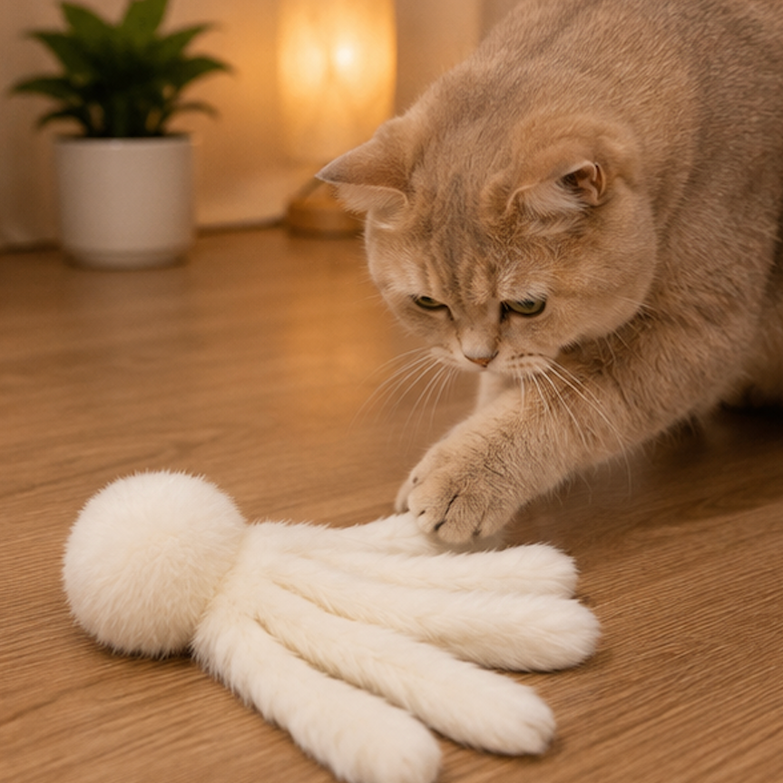 A light brown cat with green eyes is playfully batting at a white plush glove toy on a wooden floor in a warmly lit room.
