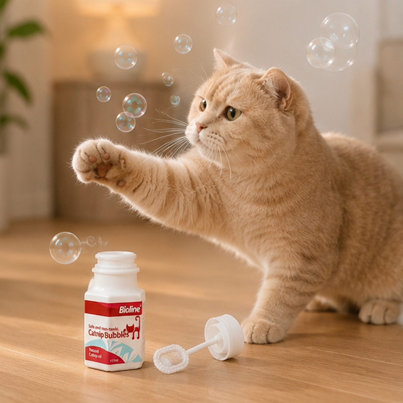 Cat playing with catnip bubble