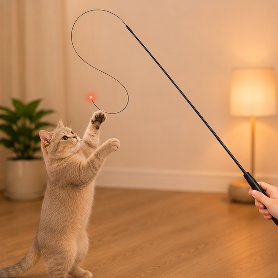 A beige cat stands on its hind legs and reaches toward a laser pointer toy on a long black wand held by a human hand in a warmly lit room.