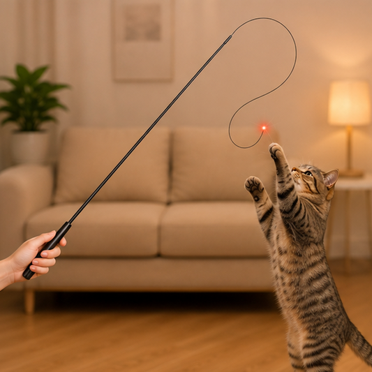 A cat playing with a LED teasing wand. 