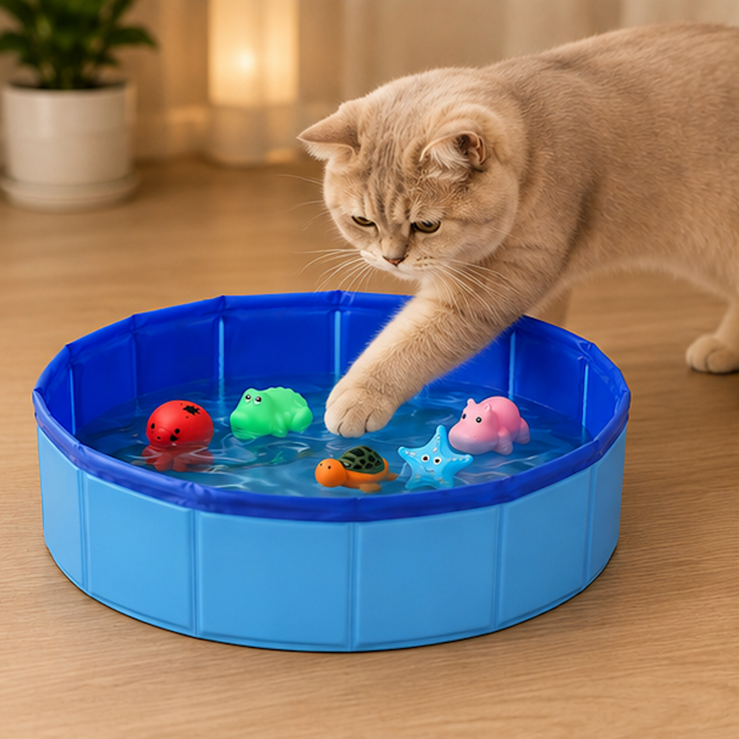 A beige cat reaches toward a blue plastic toy pool filled with water and colorful animal-shaped floating toys on a wooden floor.