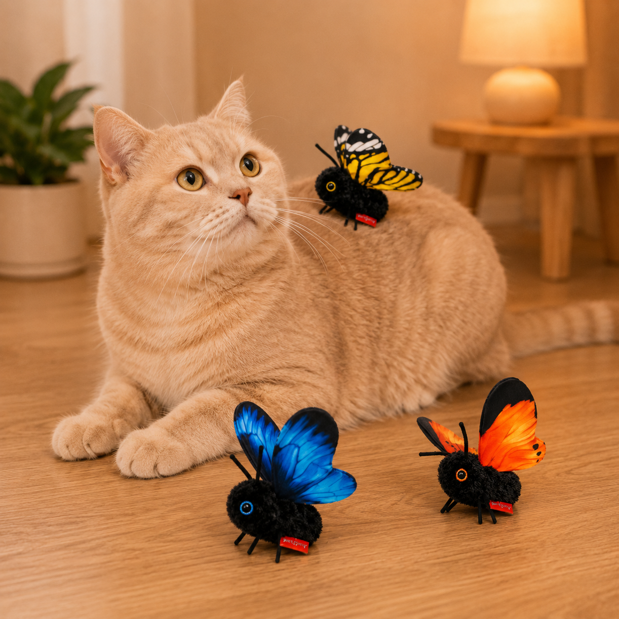 An orange tabby cat lies on a wooden floor indoors, with two colorful toy butterfly-like toy on its back and one in front. The toys have black bodies with bright blue, yellow, black, and orange wings.