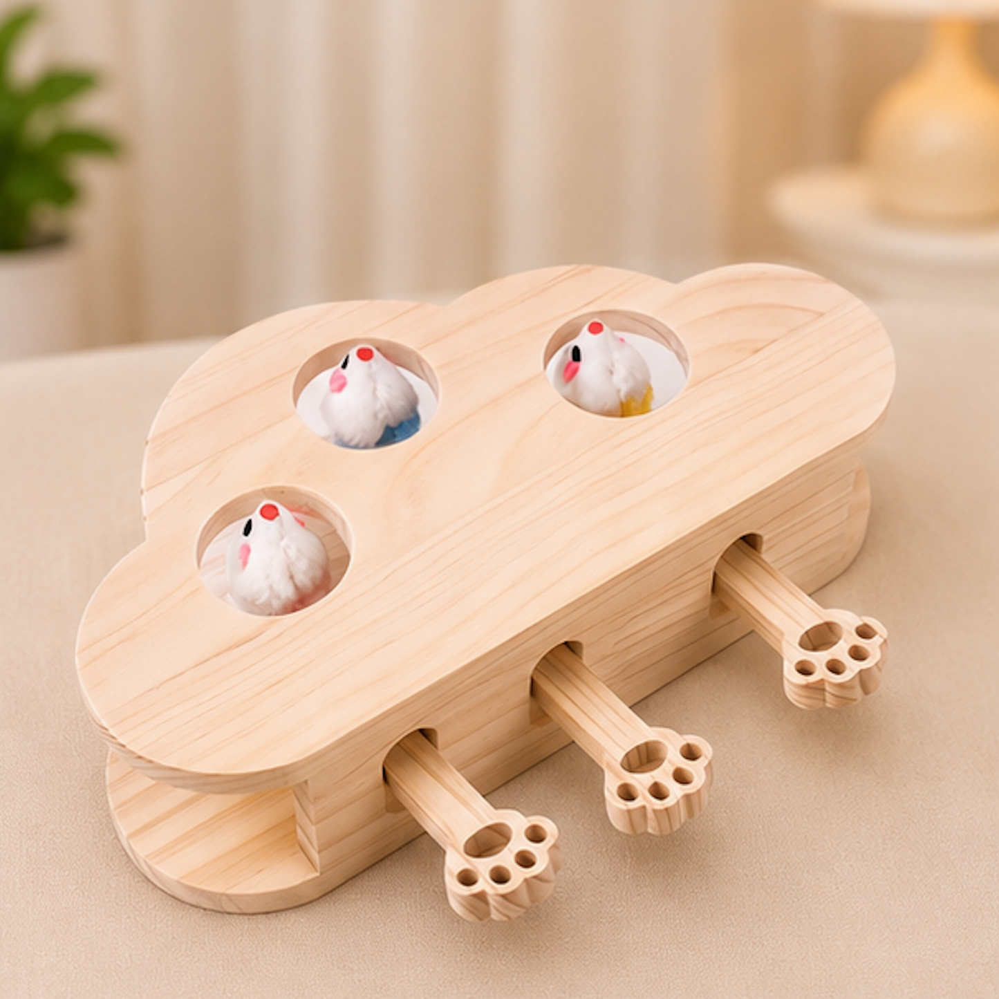A cloud-shaped wooden pet toy with three circular openings showing small white hamsters inside, plus three paw-shaped wooden pull tabs on the front, photographed on a soft beige fabric surface with a blurred indoor background.