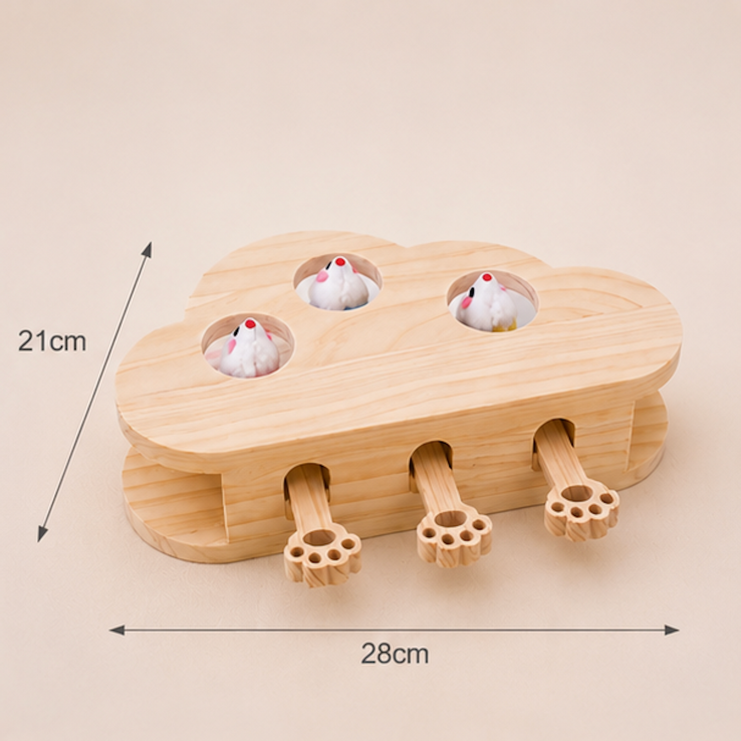A wooden cloud-shaped cat toy with three circular openings showing small white birds and three paw-shaped pull tabs, shown on a beige background with dimension arrows labeled 21cm and 28cm.