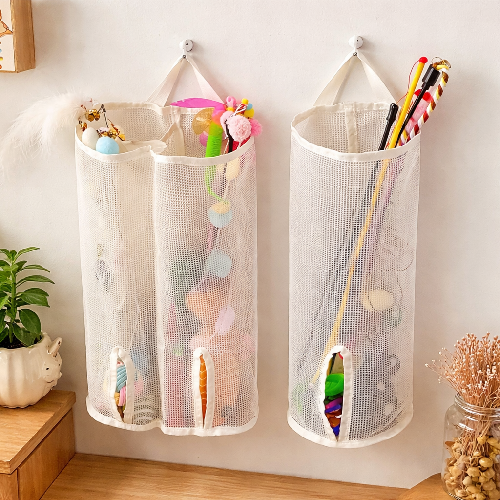 Two mesh hanging storage bags on a wall, both with cat toys.