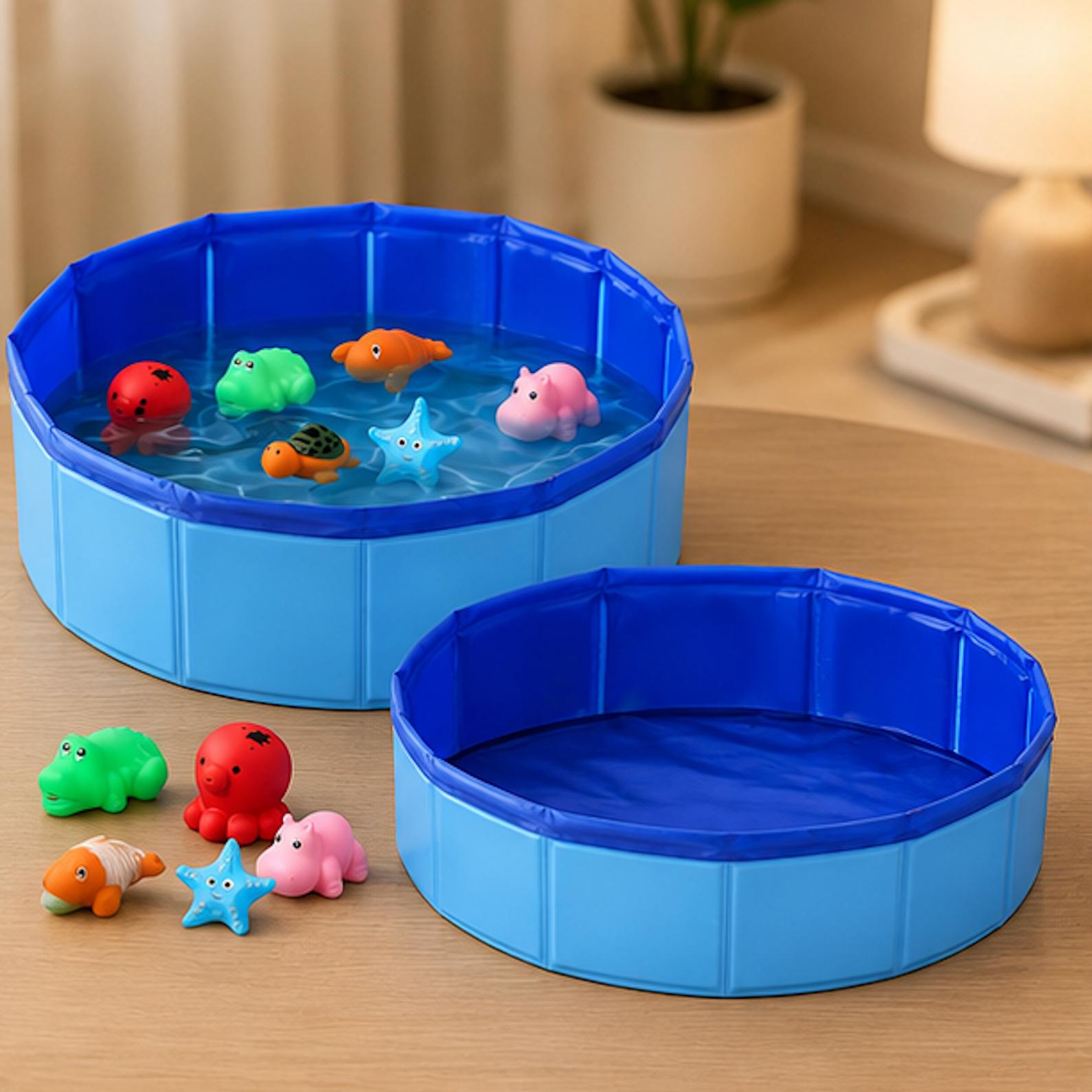 A set of round collapsible plastic toy pools in blue, shown with small colorful animal-shaped water toys on one pool and an empty pool beside it on a wooden table in a softly lit room.