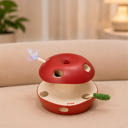 A red and cream cat toy with a apple-like design, featuring a small white feather and a green textured tail, displayed on a beige sofa in a softly lit living room.