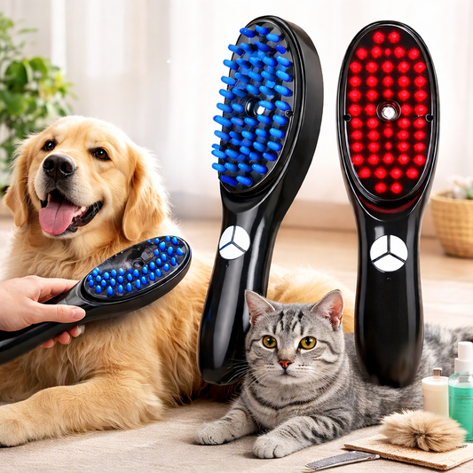 Two grooming brushes with blue and red bristles next to a dog and cat on a carpeted floor.