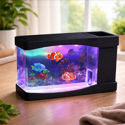 Small aquarium for cats with colorful fish on a wooden surface, surrounded by plants and light curtains.