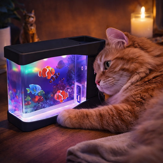 Interactive aquarium LED lamp for cats with color-changing lights and swimming fish