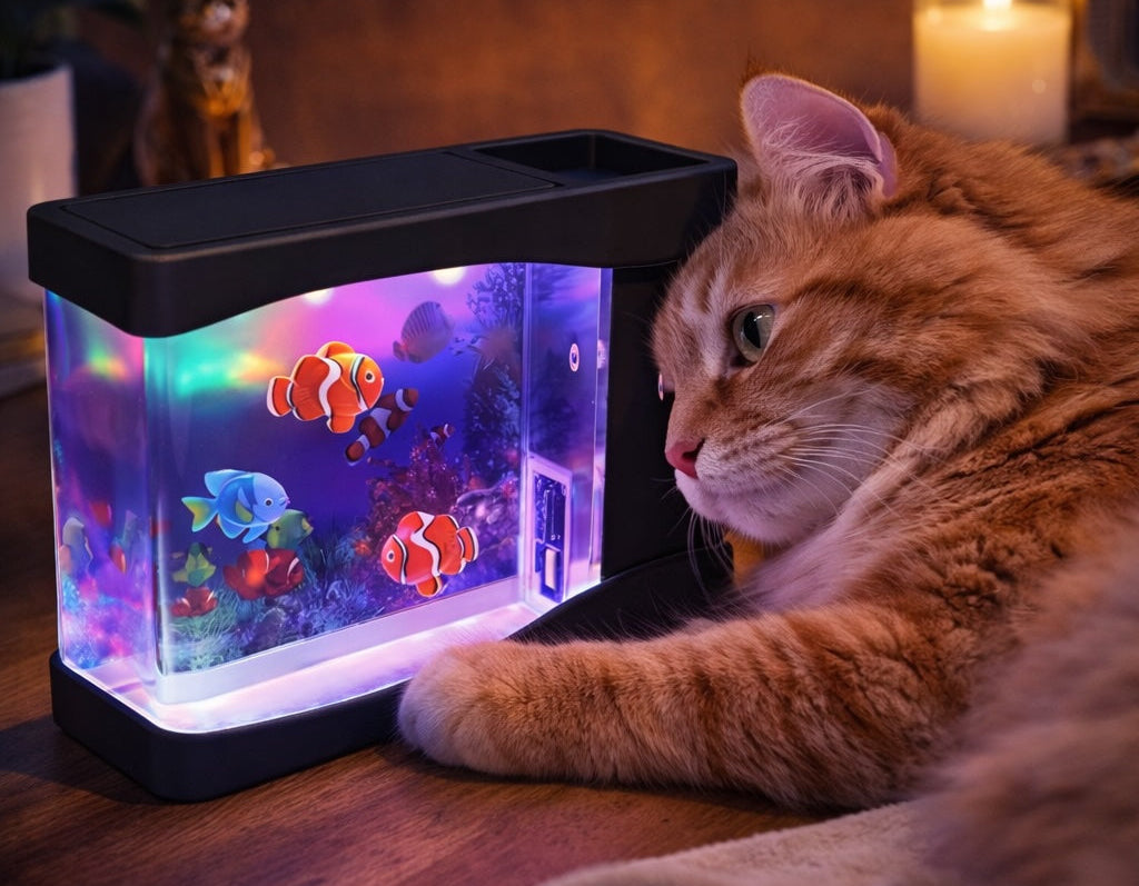 Cat looking at a small aquarium with colorful fish on a wooden surface.