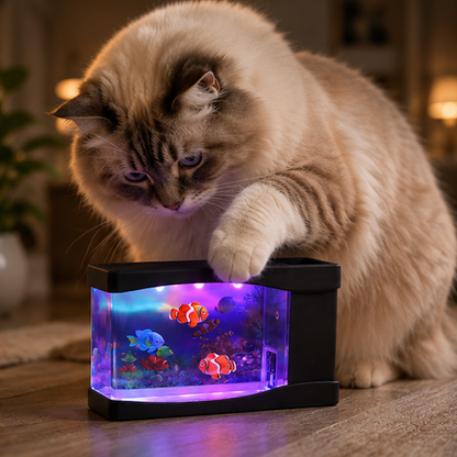 Cat interacting with a small aquarium for cats on a wooden surface