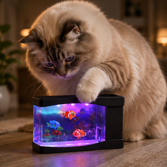 Cat interacting with a small aquarium for cats on a wooden surface