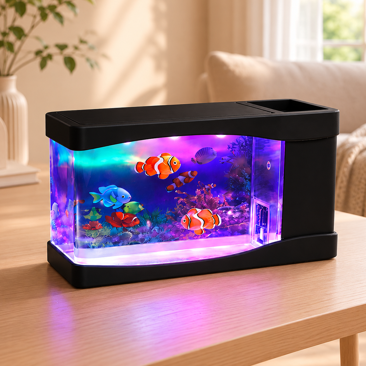 Fake Aquarium for cats with colorful fish on a wooden table in a home setting