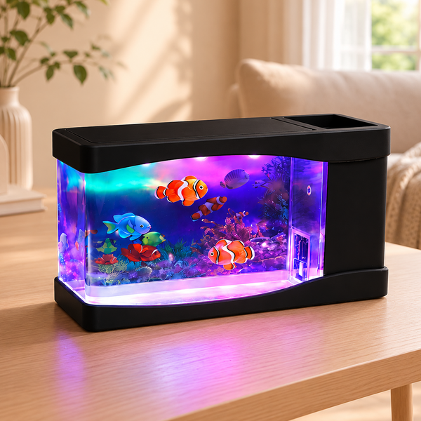 Fake Aquarium for cats with colorful fish on a wooden table in a home setting