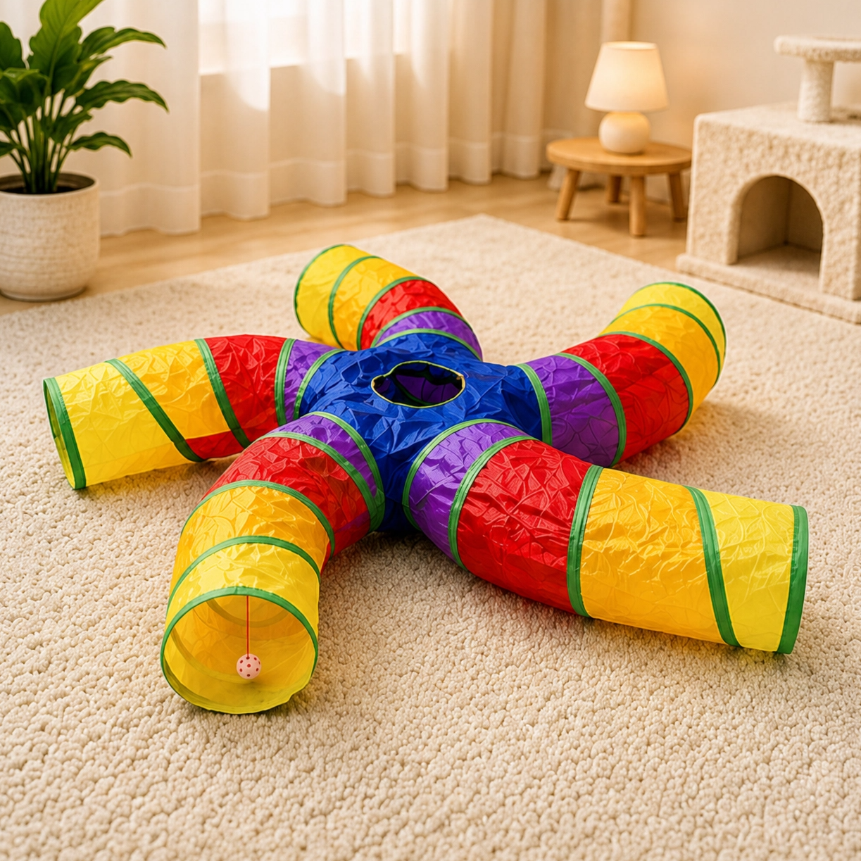 Foldable Rainbow Starfish Cat Tunnel on a carpeted floor with a home interior background