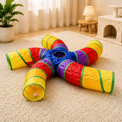 Foldable Rainbow Starfish Cat Tunnel on a carpeted floor with a home interior background