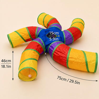 Foldable Rainbow Starfish Cat Tunnel with measurements on a beige background
