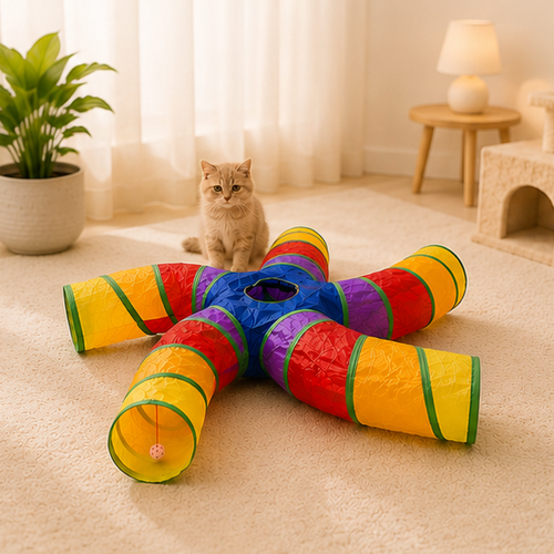 Foldable Rainbow Starfish Cat Tunnel on a carpeted floor with a cat sitting nearby.